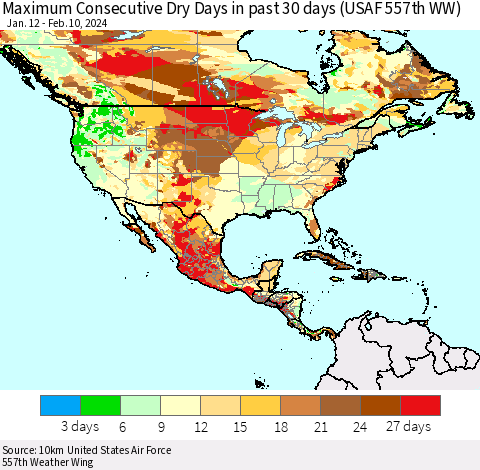 North America Maximum Consecutive Dry Days in past 30 days (USAF 557th WW) 02/10/2024 Thematic Map For 2/6/2024 - 2/10/2024
