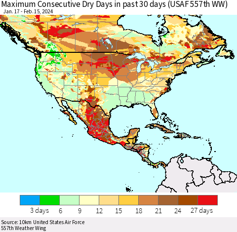 North America Maximum Consecutive Dry Days in past 30 days (USAF 557th WW) 02/15/2024 Thematic Map For 2/11/2024 - 2/15/2024