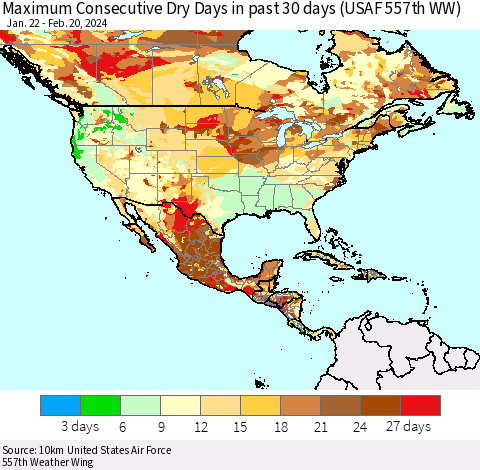 North America Maximum Consecutive Dry Days in past 30 days (USAF 557th WW) 02/20/2024 Thematic Map For 2/16/2024 - 2/20/2024