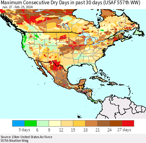 North America Maximum Consecutive Dry Days in past 30 days (USAF 557th WW) 02/25/2024 Thematic Map For 2/21/2024 - 2/25/2024