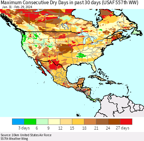 North America Maximum Consecutive Dry Days in past 30 days (USAF 557th WW) 02/29/2024 Thematic Map For 2/26/2024 - 2/29/2024
