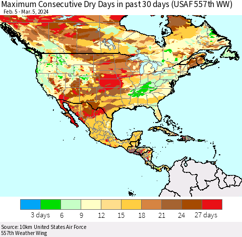 North America Maximum Consecutive Dry Days in past 30 days (USAF 557th WW) 03/05/2024 Thematic Map For 3/1/2024 - 3/5/2024