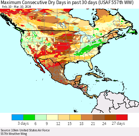 North America Maximum Consecutive Dry Days in past 30 days (USAF 557th WW) 03/10/2024 Thematic Map For 3/6/2024 - 3/10/2024