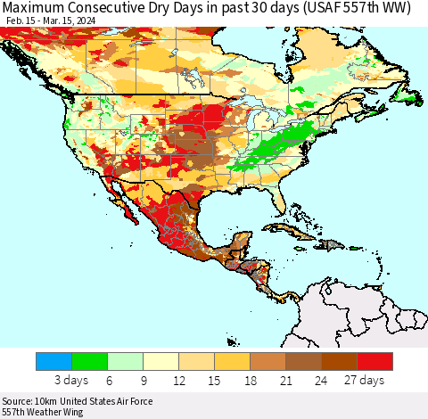 North America Maximum Consecutive Dry Days in past 30 days (USAF 557th WW) 03/15/2024 Thematic Map For 3/11/2024 - 3/15/2024