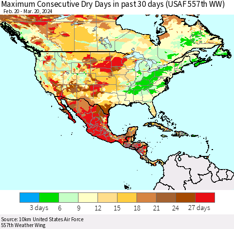 North America Maximum Consecutive Dry Days in past 30 days (USAF 557th WW) 03/20/2024 Thematic Map For 3/16/2024 - 3/20/2024