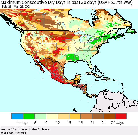 North America Maximum Consecutive Dry Days in past 30 days (USAF 557th WW) 03/25/2024 Thematic Map For 3/21/2024 - 3/25/2024