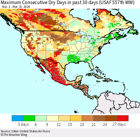 North America Maximum Consecutive Dry Days in past 30 days (USAF 557th WW) 03/31/2024 Thematic Map For 3/26/2024 - 3/31/2024