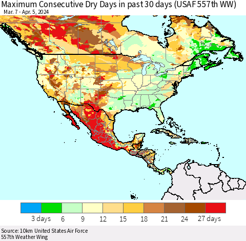 North America Maximum Consecutive Dry Days in past 30 days (USAF 557th WW) 04/05/2024 Thematic Map For 4/1/2024 - 4/5/2024