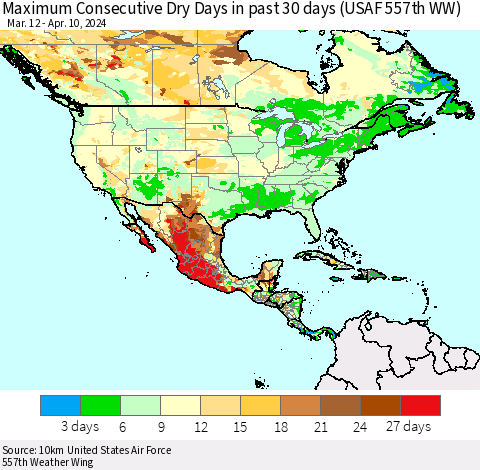 North America Maximum Consecutive Dry Days in past 30 days (USAF 557th WW) 04/10/2024 Thematic Map For 4/6/2024 - 4/10/2024