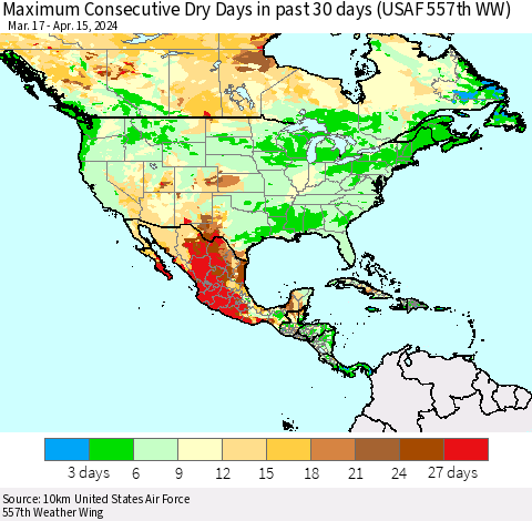 North America Maximum Consecutive Dry Days in past 30 days (USAF 557th WW) 04/15/2024 Thematic Map For 4/11/2024 - 4/15/2024