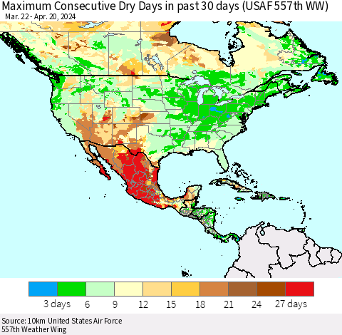 North America Maximum Consecutive Dry Days in past 30 days (USAF 557th WW) 04/20/2024 Thematic Map For 4/16/2024 - 4/20/2024