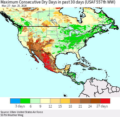 North America Maximum Consecutive Dry Days in past 30 days (USAF 557th WW) 04/25/2024 Thematic Map For 4/21/2024 - 4/25/2024