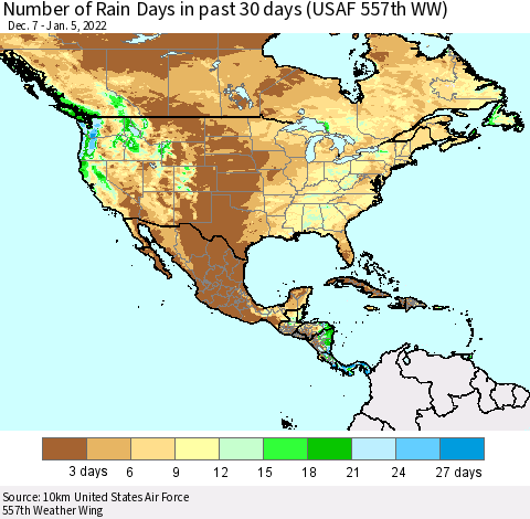North America Number of Rain Days in past 30 days (USAF 557th WW) 01/05/2022 Thematic Map For 1/1/2022 - 1/5/2022