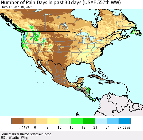 North America Number of Rain Days in past 30 days (USAF 557th WW) 01/10/2022 Thematic Map For 1/6/2022 - 1/10/2022