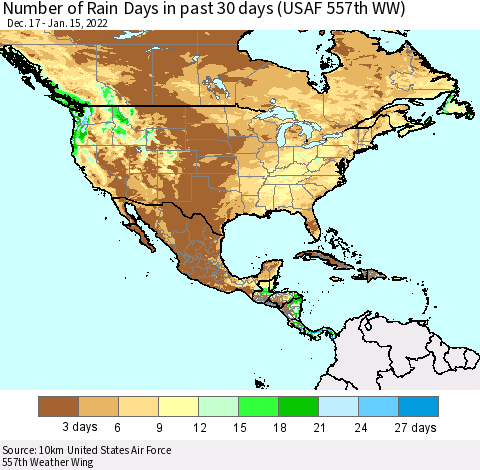 North America Number of Rain Days in past 30 days (USAF 557th WW) 01/15/2022 Thematic Map For 1/11/2022 - 1/15/2022