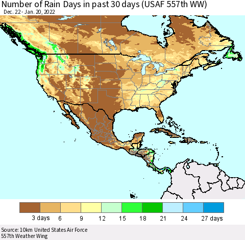 North America Number of Rain Days in past 30 days (USAF 557th WW) 01/20/2022 Thematic Map For 1/16/2022 - 1/20/2022