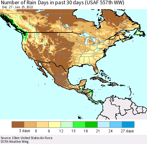 North America Number of Rain Days in past 30 days (USAF 557th WW) 01/25/2022 Thematic Map For 1/21/2022 - 1/25/2022
