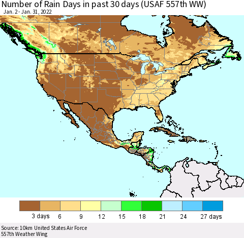North America Number of Rain Days in past 30 days (USAF 557th WW) 01/31/2022 Thematic Map For 1/26/2022 - 1/31/2022