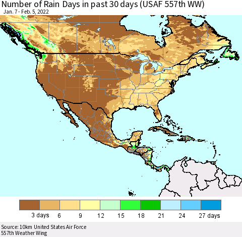 North America Number of Rain Days in past 30 days (USAF 557th WW) 02/05/2022 Thematic Map For 2/1/2022 - 2/5/2022