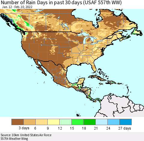 North America Number of Rain Days in past 30 days (USAF 557th WW) 02/10/2022 Thematic Map For 2/6/2022 - 2/10/2022