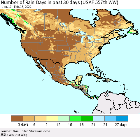 North America Number of Rain Days in past 30 days (USAF 557th WW) 02/15/2022 Thematic Map For 2/11/2022 - 2/15/2022