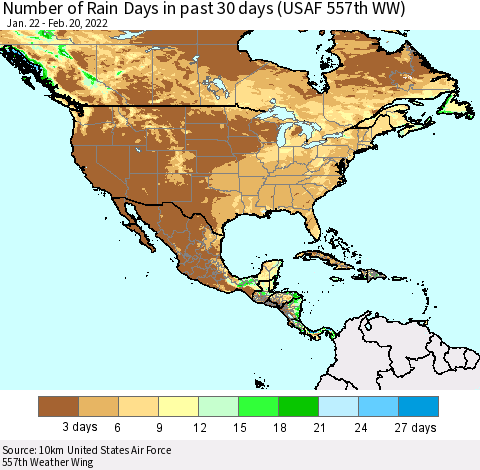 North America Number of Rain Days in past 30 days (USAF 557th WW) 02/20/2022 Thematic Map For 2/16/2022 - 2/20/2022