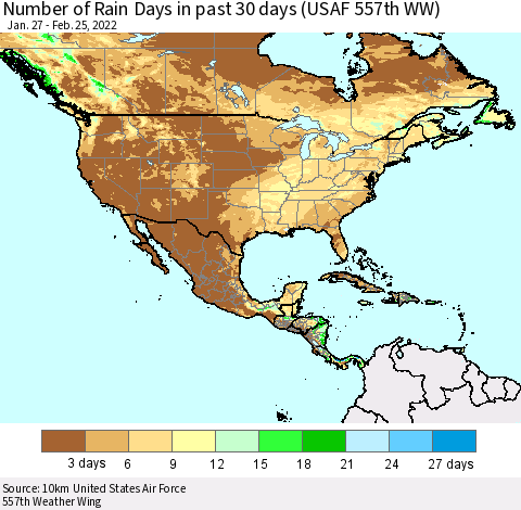 North America Number of Rain Days in past 30 days (USAF 557th WW) 02/25/2022 Thematic Map For 2/21/2022 - 2/25/2022