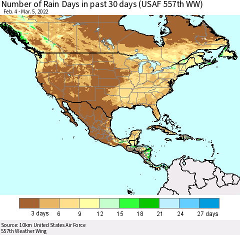 North America Number of Rain Days in past 30 days (USAF 557th WW) 03/05/2022 Thematic Map For 3/1/2022 - 3/5/2022