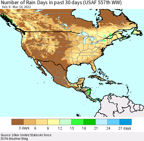 North America Number of Rain Days in past 30 days (USAF 557th WW) 03/10/2022 Thematic Map For 3/6/2022 - 3/10/2022