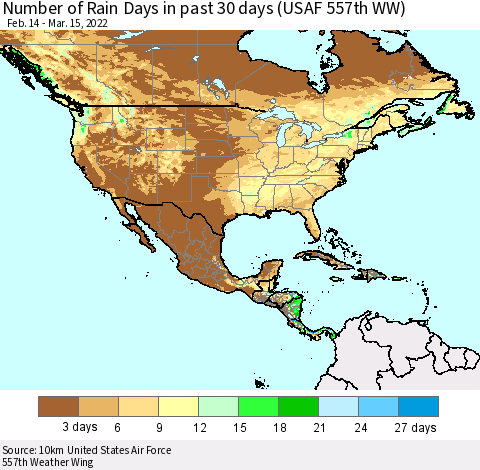 North America Number of Rain Days in past 30 days (USAF 557th WW) 03/15/2022 Thematic Map For 3/11/2022 - 3/15/2022