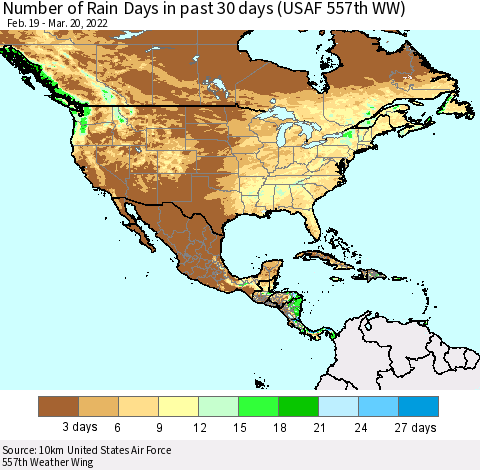 North America Number of Rain Days in past 30 days (USAF 557th WW) 03/20/2022 Thematic Map For 3/16/2022 - 3/20/2022