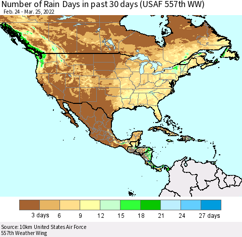 North America Number of Rain Days in past 30 days (USAF 557th WW) 03/25/2022 Thematic Map For 3/21/2022 - 3/25/2022
