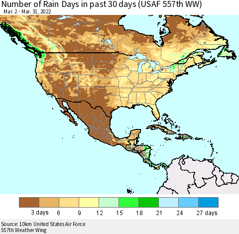 North America Number of Rain Days in past 30 days (USAF 557th WW) 03/31/2022 Thematic Map For 3/26/2022 - 3/31/2022