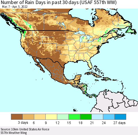 North America Number of Rain Days in past 30 days (USAF 557th WW) 04/05/2022 Thematic Map For 4/1/2022 - 4/5/2022