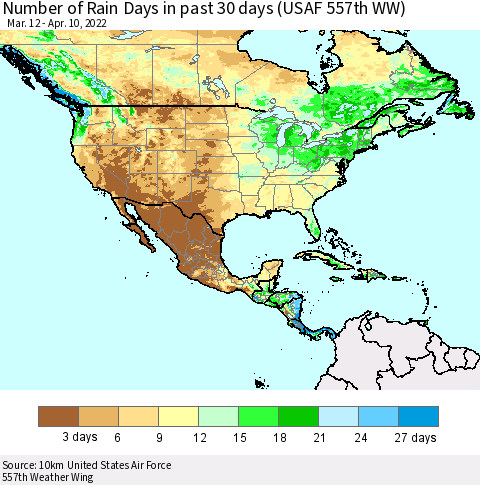 North America Number of Rain Days in past 30 days (USAF 557th WW) 04/10/2022 Thematic Map For 4/6/2022 - 4/10/2022