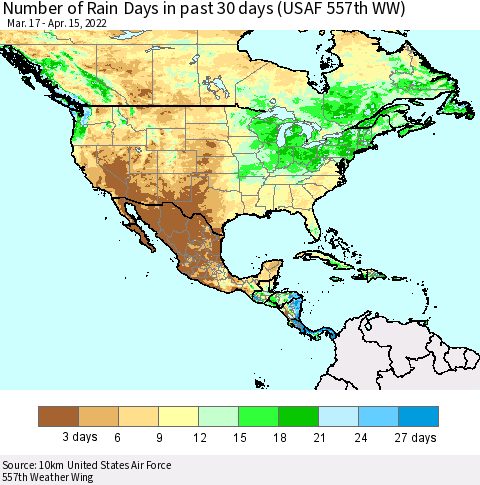 North America Number of Rain Days in past 30 days (USAF 557th WW) 04/15/2022 Thematic Map For 4/11/2022 - 4/15/2022