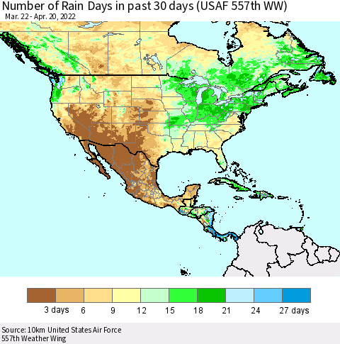 North America Number of Rain Days in past 30 days (USAF 557th WW) 04/20/2022 Thematic Map For 4/16/2022 - 4/20/2022