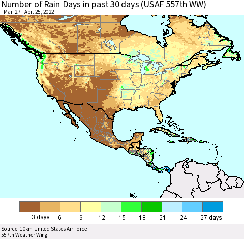 North America Number of Rain Days in past 30 days (USAF 557th WW) 04/25/2022 Thematic Map For 4/21/2022 - 4/25/2022