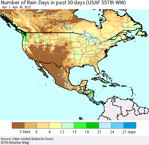 North America Number of Rain Days in past 30 days (USAF 557th WW) 04/30/2022 Thematic Map For 4/26/2022 - 4/30/2022