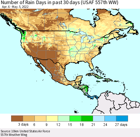 North America Number of Rain Days in past 30 days (USAF 557th WW) 05/05/2022 Thematic Map For 5/1/2022 - 5/5/2022