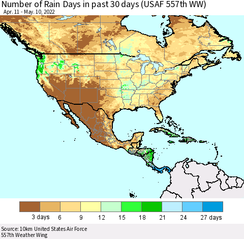 North America Number of Rain Days in past 30 days (USAF 557th WW) 05/10/2022 Thematic Map For 5/6/2022 - 5/10/2022