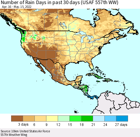 North America Number of Rain Days in past 30 days (USAF 557th WW) 05/15/2022 Thematic Map For 5/11/2022 - 5/15/2022