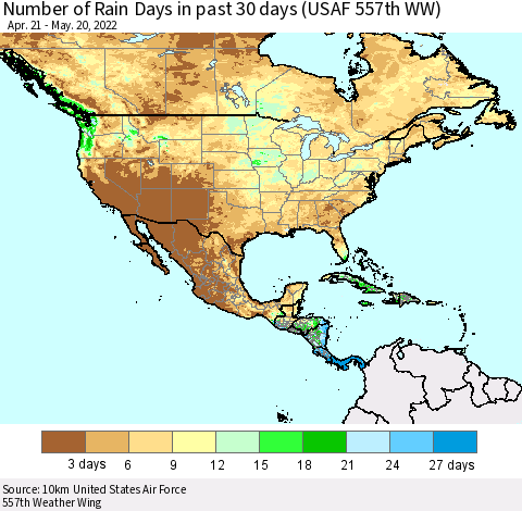 North America Number of Rain Days in past 30 days (USAF 557th WW) 05/20/2022 Thematic Map For 5/16/2022 - 5/20/2022