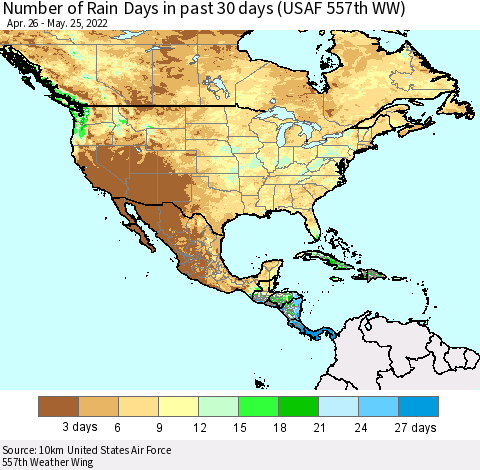 North America Number of Rain Days in past 30 days (USAF 557th WW) 05/25/2022 Thematic Map For 5/21/2022 - 5/25/2022