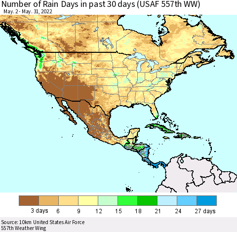 North America Number of Rain Days in past 30 days (USAF 557th WW) 05/31/2022 Thematic Map For 5/26/2022 - 5/31/2022