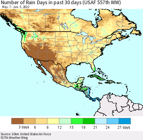 North America Number of Rain Days in past 30 days (USAF 557th WW) 06/05/2022 Thematic Map For 6/1/2022 - 6/5/2022