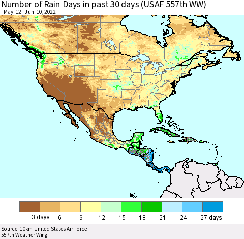 North America Number of Rain Days in past 30 days (USAF 557th WW) 06/10/2022 Thematic Map For 6/6/2022 - 6/10/2022