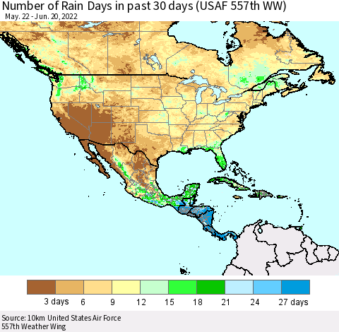 North America Number of Rain Days in past 30 days (USAF 557th WW) 06/20/2022 Thematic Map For 6/16/2022 - 6/20/2022