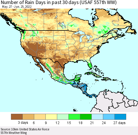 North America Number of Rain Days in past 30 days (USAF 557th WW) 06/25/2022 Thematic Map For 6/21/2022 - 6/25/2022