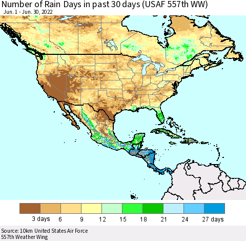 North America Number of Rain Days in past 30 days (USAF 557th WW) 06/30/2022 Thematic Map For 6/26/2022 - 6/30/2022